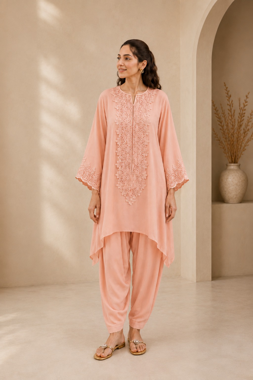 Chiffon Shirt & Viscose Shalwar — Peach Blossom
