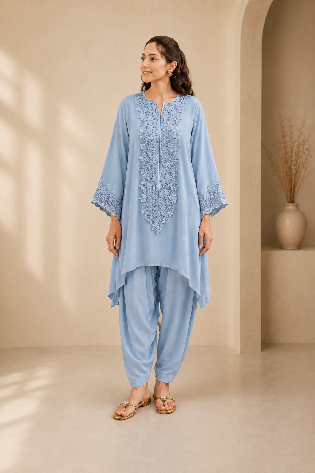 Chiffon Shirt & Viscose Shalwar — Powder Sky